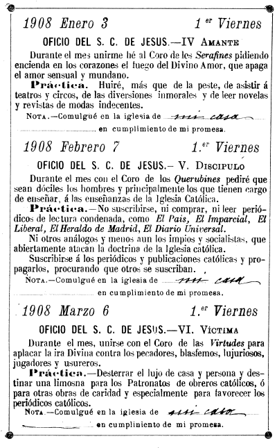 tercera página de una hoja de control del cumplimiento de la devoción de los nueve primeros viernes de mes: octubre de 1907 a junio 1908