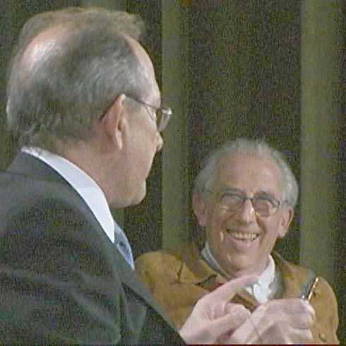 Manuel Fraijó y Gustavo Bueno en Sevilla, el jueves 24 de abril de 2003
