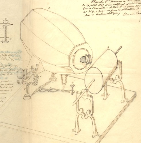 Dibujo del fonoautógrafo de Scott conservado en la oficina francesa de patentes (1859)