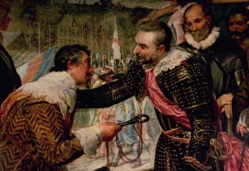 Ambrosio de Spínola pone la mano en el hombro de Justino de Nassau, detalle de La rendición de Breda, de Velázquez