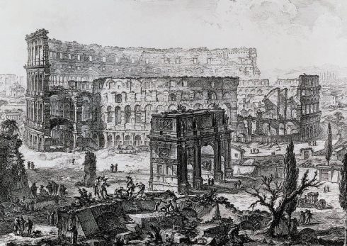 Grabado de Giambattista Piranesi, perteneciente al álbum Vistas de la Roma Antigua (1772). El arco de Constantino y el Coliseo