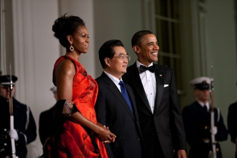 Hu Jintao recibido por el presidente Obama y su esposa en la Casa Blanca, enero 2011