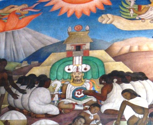 Quetzalcoatl como hombre blanco barbado, según Diego Rivera, Mural del Palacio Nacional de México