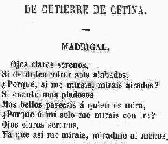 Ojos claros, serenos, de Gutierre de Cetina, versión de Manuel José Quintana, Tesoro del parnaso español, 1808, edicion París 1861, 135